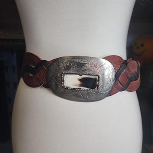 Moroccan Belt - Braided Black Brown Silver Tone Engraved Buckle Fits Up To 40"