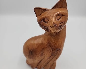 Estatua de gato de madera, figura tallada, escultura felina siamesa de 6 pulgadas, decoración tallada.