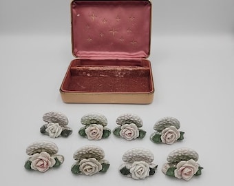 Vintage plaatskaarthouders set van 8 porseleinen rozen en etui Duitsland MCM