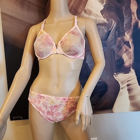 Vintage Victoria's Secret Bra 36C Panty XL Set Pink Sheer
