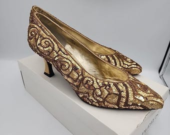 Vintage Caparros 2.5" Heels Shoes Women's 8B Classic Gold Sequin Slip On
