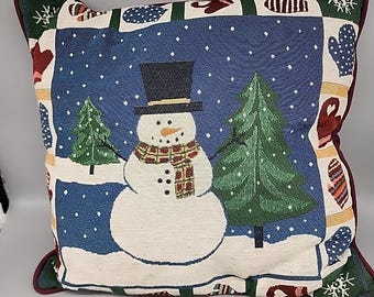 Cojín tapiz con diseño de muñeco de nieve vintage y manoplas, reverso rojo navideño, 40,6 x 40,6 cm