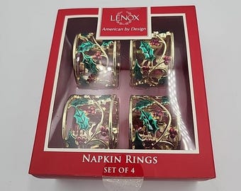 Set van 4 Lenox Holly & Berry ronde gouden metalen servettenringen originele doos NIB