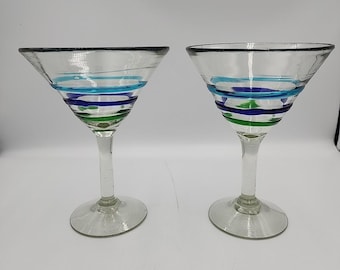 Hand Blown Mexican Glass Set Of 2 Blue & Green Swirl Martini/Cocktail Glasses 6”