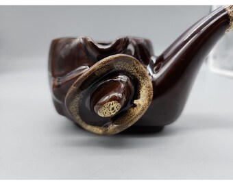 Vtg 1960s Ashtray/planter Ceramic Pipe Shaped Brown Glaze Cowboy
