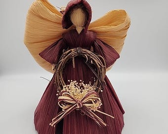 Ángel para la cima del árbol de Navidad, hecho a mano con hojas de maíz y paja, estilo vintage, 8 pulgadas.