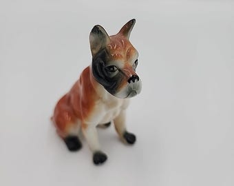 Figura de perro BULLDOG vintage de porcelana en miniatura, color marrón miel y negro, de 3,5"