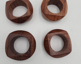 Mid Century Modern Wood Napkin Rings Facet Set Of 4 Hardwood MCM Vintage