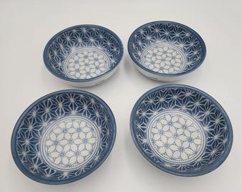 Taijimi Kyo-gama ugnsblå blommig skål i porslin, Japan, 12 cm, set om 4