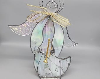 Candelabro grande de oro blanco con forma de ángel de vidrio de colores de 30 cm de Glassical Heirlooms