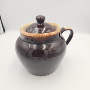 Vintage Handmade Brown Drip Glaze Bean Pot with Lid and Handle USA Crock Bowl