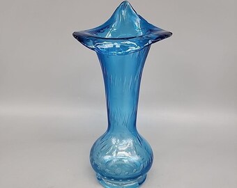 Vintage Jack in the Pulpit Vase Art Glass Blue W/ Clear Bubble 7 3