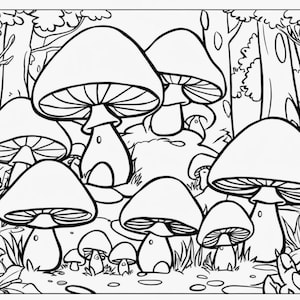 Mushroom Forest Coloring Pages - Printable PNG Set of 5 - Cottage Nature Art for Kids & Adults