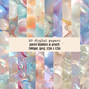 May include: 20 digital papers featuring pastel colored iridescent bubbles and pearls. The papers are 300ppi, jpeg, and 12 inches by 12 inches.