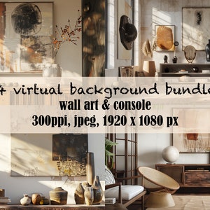 May include: Four virtual background images featuring a living room with a wooden console, wall art, and various decorative items. The images are 300ppi, jpeg, and 1920 x 1080 pixels.