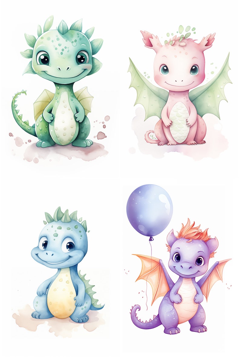 Dragon Nursery Wall Art - Watercolor Baby Dragon Prints, 300dpi ...