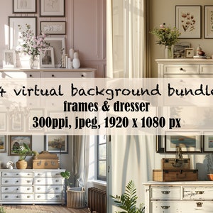 May include: Four virtual background images featuring a white dresser with drawers and a wall with framed artwork. The images are 300ppi, jpeg, and 1920 x 1080 pixels.