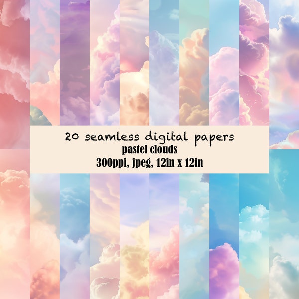 Pastel Clouds Digital Papers - Dreamy Pastel Clouds Patterns for Scrapbooking, Design & Wall Art, Perfect Creative Gift