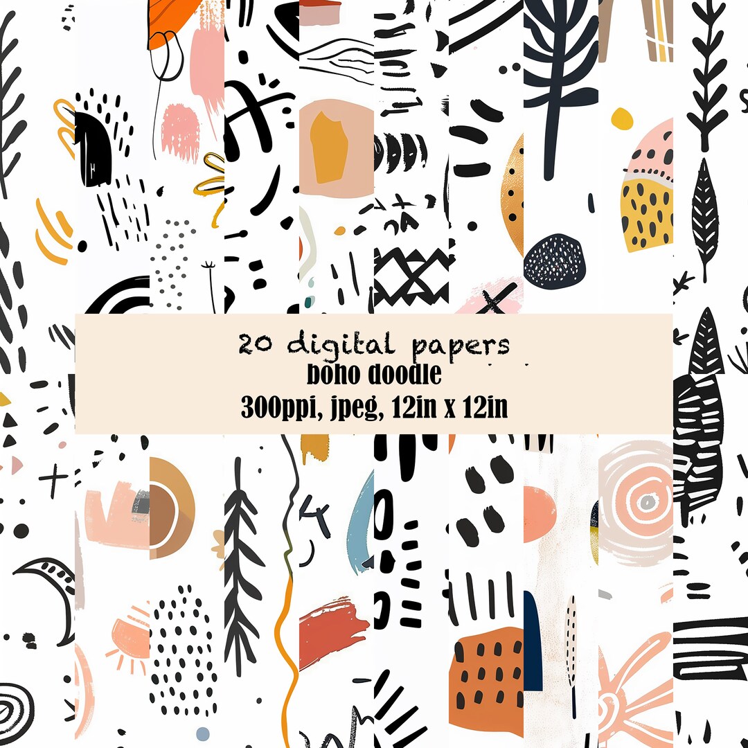 Boho Doodle Digital Paper: Abstract Scrapbook Patterns (digital ...
