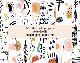 Boho Doodle Digital Paper: Abstract Scrapbook Patterns (Digital Download)