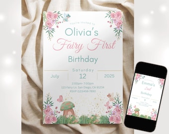 Bearbeitbare Fee Geburtstagseinladung Mädchen Fee 1st Geburtstag einladen Verzauberte Gartenfee Einladung Geburtstagskind Wunderliche Babyshower