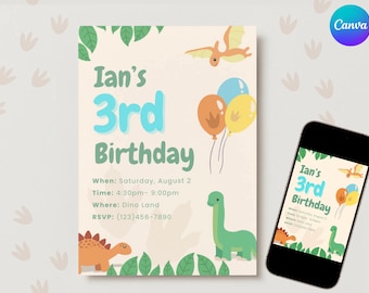 Niedliche Dinosaurier-Geburtstags-Einladungsvorlage Canva Digital Download Individuell bearbeitbare Einladung für Dinosaurier-Themen-Party druckbarer Jungen-Geburtstag
