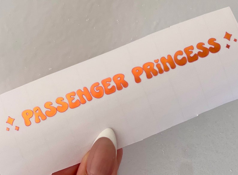 以下が含まれることがあります： オレンジ色のバブルレターで「...PASSENGER PRINCESS!」と書かれた白いステッカーです。