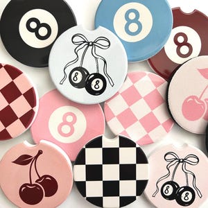 8 Ball Car Accessories Coaster for Cup Checkered Print Coquette Cherry Car Decor Ceramic Neoprene Decor Coffee Lover Gift Valentines