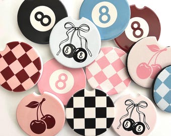 8 Ball Car Accessories Coaster for Cup Checkered Print Coquette Cherry Car Decor Ceramic Neoprene Decor Coffee Lover Gift Valentines