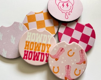 Cute Cowgirl Car Coaster Sets for Cup Holder Western Car Decor Monochromatic Checkered Print Ceramic Neoprene Pink Boot Decor