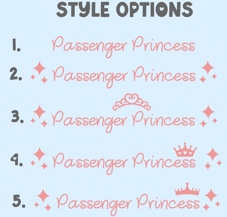 以下が含まれることがあります： 「Passenger Princess」のタイトルカードの5つの異なるデザインオプション。オプションには、シンプルなタイトル、ピンクのダイヤモンド2つが付いたタイトル、ピンクのティアラが付いたタイトル、ピンクのクラウンとピンクのダイヤモンド2つが付いたタイトル、ピンクのクラウンとピンクのダイヤモンド2つが付いたタイトルが含まれます。