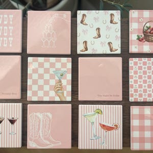Cute Home Ceramic Coaster Sets for Kitchen and Office  Cottage Core Pink Boot Western Decor Cowgirl Wine Bar Decor Home Decor