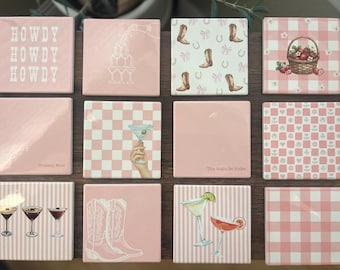Cute Home Coaster Sets for Kitchen and Office Western Decor Monochromatic Cottage Core Pink Boot Decor Cowgirl Wine Decor
