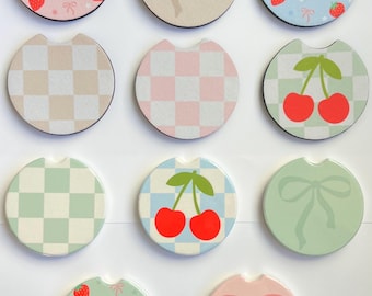 Coquette Car Coaster for Cup Holder Strawberry Pattern Car Decor Cherry Car Accessories Monochrome Checkered Pink Cute Bow Car Decor