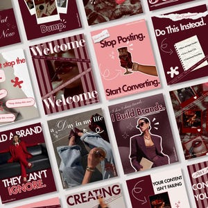 Może przedstawiać: Kolekcja szablonów mediów społecznościowych w odcieniach bordowego, różowego i białego. Każdy szablon zawiera tekst i grafikę z frazami takimi jak "Witamy", "Przestań publikować" i "Buduj markę". Ogólny motyw dotyczy tworzenia treści i marketingu.