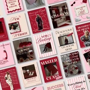 May include: A collection of digital social media templates featuring a color palette of deep red, soft pink, and cream. The designs include various layouts with typography, photography, and graphic elements for business branding and content creation.