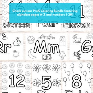 May include: Black and white colouring pages featuring numbers 1-16, letters R, M, and G, and the words "Sixteen", "Four", "Eleven", "Br", "Mm", and "G".  Check out our PreK Colouring Bundle featuring alphabet pages A-Z and numbers 1-20!