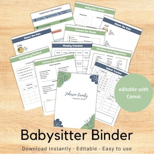 Modello modificabile per raccoglitore per babysitter: informazioni e note sulla babysitter (download digitale Canva)