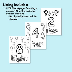 May include: Black and white printable colouring pages featuring numbers 2, 4, and 8 with corresponding images. The number 2 has two ducks, the number 4 has four ice cream cones, and the number 8 has eight balloons.