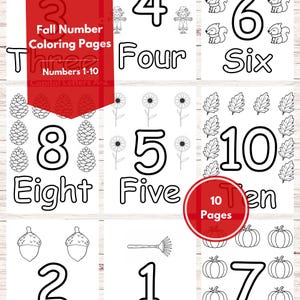 May include: A set of ten black and white printable coloring pages featuring numbers one through ten with fall-themed illustrations like pinecones, sunflowers, leaves, acorns, rakes, and pumpkins. Text includes Fall Number Coloring Pages Numbers 1-10.