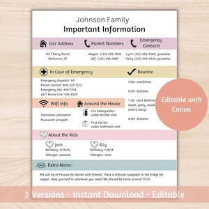 May include: A printable family information sheet with a pink and yellow color scheme. The sheet includes sections for contact information, emergency procedures, routine schedules, and information about children. The text includes the words "Johnson Family", "Important Information", "Our Address", "Parent Numbers", "Emergency Contacts", "In Case of Emergency", "Routine", "Around the House", "About the Kids", "Extra Notes", and "Editable with Canva".