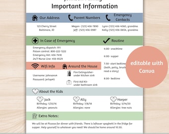 Könnte beinhalten: Ein druckbares Familieninformationsblatt mit Überschriften für Adresse, Kontakte und Notfalldetails. Enthält Abschnitte für WLAN, Haushaltsinformationen sowie Geburtstage und Allergien der Kinder. Der Text "editable with Canva" ist sichtbar.