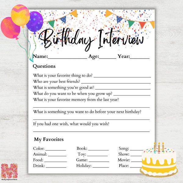 Kids Birthday Interview, Birthday Interview Printable, Kids Birthday Questionnaire, Birthday Keepsake, Child Birthday Activity, All About Me