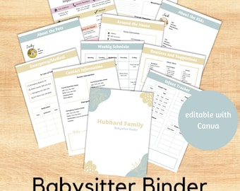 Könnte beinhalten: Eine Sammlung druckbarer Seiten für einen Babysitter-Ordner mit Überschriften wie "Wichtige Informationen", "Über die Haustiere" und "Wochenplan". Der Ordnerumschlag trägt die Aufschrift "Hubbard Family Babysitter Binder".