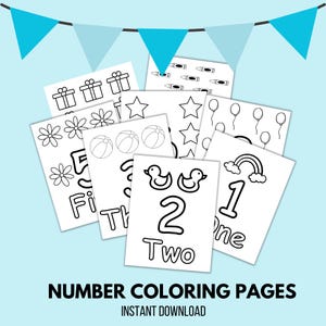 May include: Black and white printable colouring pages featuring numbers one through five with various illustrations. The pages include a rainbow, ducks, stars, balloons, flowers, and gift boxes. The text "NUMBER COLOURING PAGES" and "INSTANT DOWNLOAD" is included.