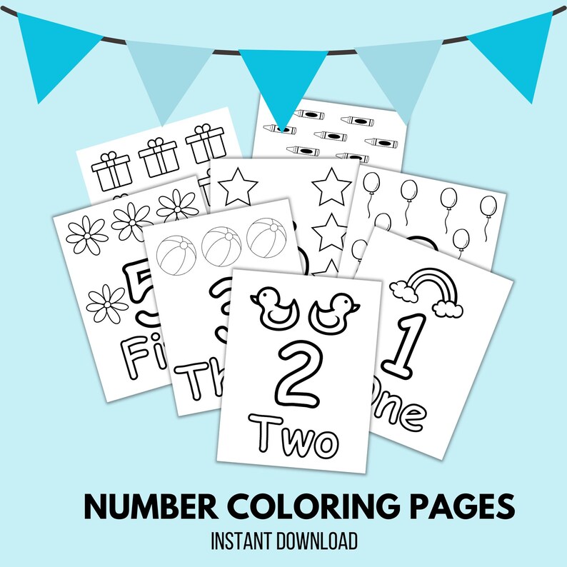 May include: Black and white printable colouring pages featuring numbers one through five with various illustrations. The pages include a rainbow, ducks, stars, balloons, flowers, and gift boxes. The text "NUMBER COLOURING PAGES" and "INSTANT DOWNLOAD" is included.