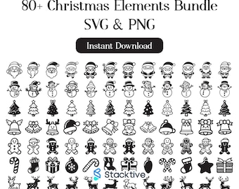Puede incluir: Una colección digital titulada 80+ Christmas Elements Bundle SVG & PNG con un botón de Instant Download. El gráfico presenta una cuadrícula de iconos en blanco y negro que incluyen a Santa Claus, muñecos de nieve, árboles, campanas y renos.