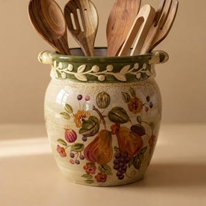 Hand-painted Ceramic Utensil Crock, Fruit Floral Kitchen Decor