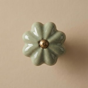 以下が含まれることがあります： セージグリーンのセラミック製キャビネットノブ。花のようなデザインで、表面はテクスチャード加工、中央は小さく丸い真鍮色です。家具用の装飾的なハードウェア要素です。