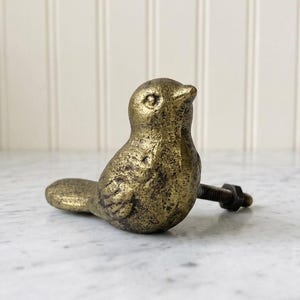 May include: A brass-toned metal cabinet knob shaped like a small bird. The bird figure has a textured, weathered finish and is attached to a threaded metal bolt with a single dark-colored hexagonal nut for secure installation on furniture.